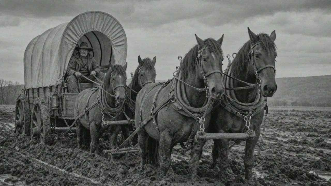 Six horses pulling a covered wagon through mud